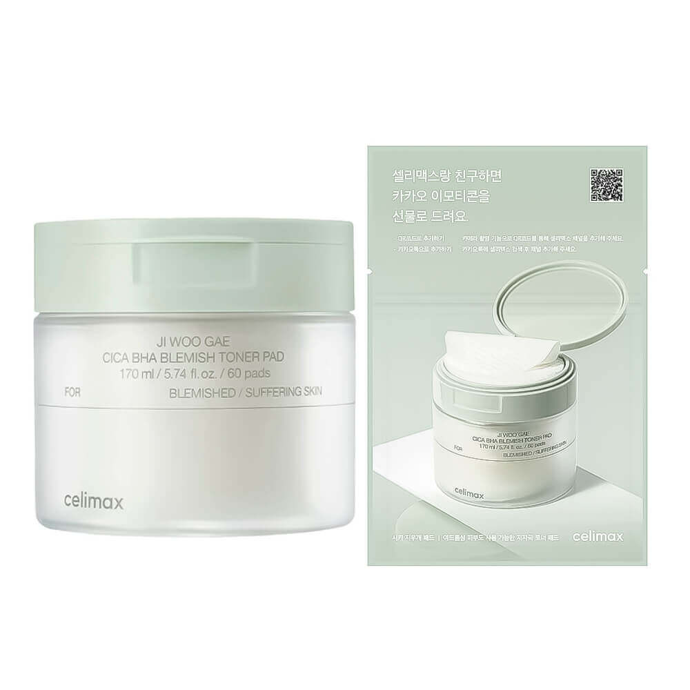 Пэды успокаивающие с центеллой азиатской CELIMAX Ji Woo Gae Cica BHA Blemish Toner Pad 60шт - фото